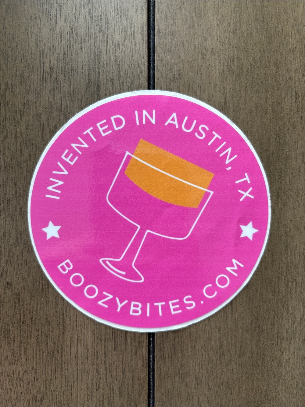 BoozyBites Pink Round Sticker - 'Invented in Austin, TX'